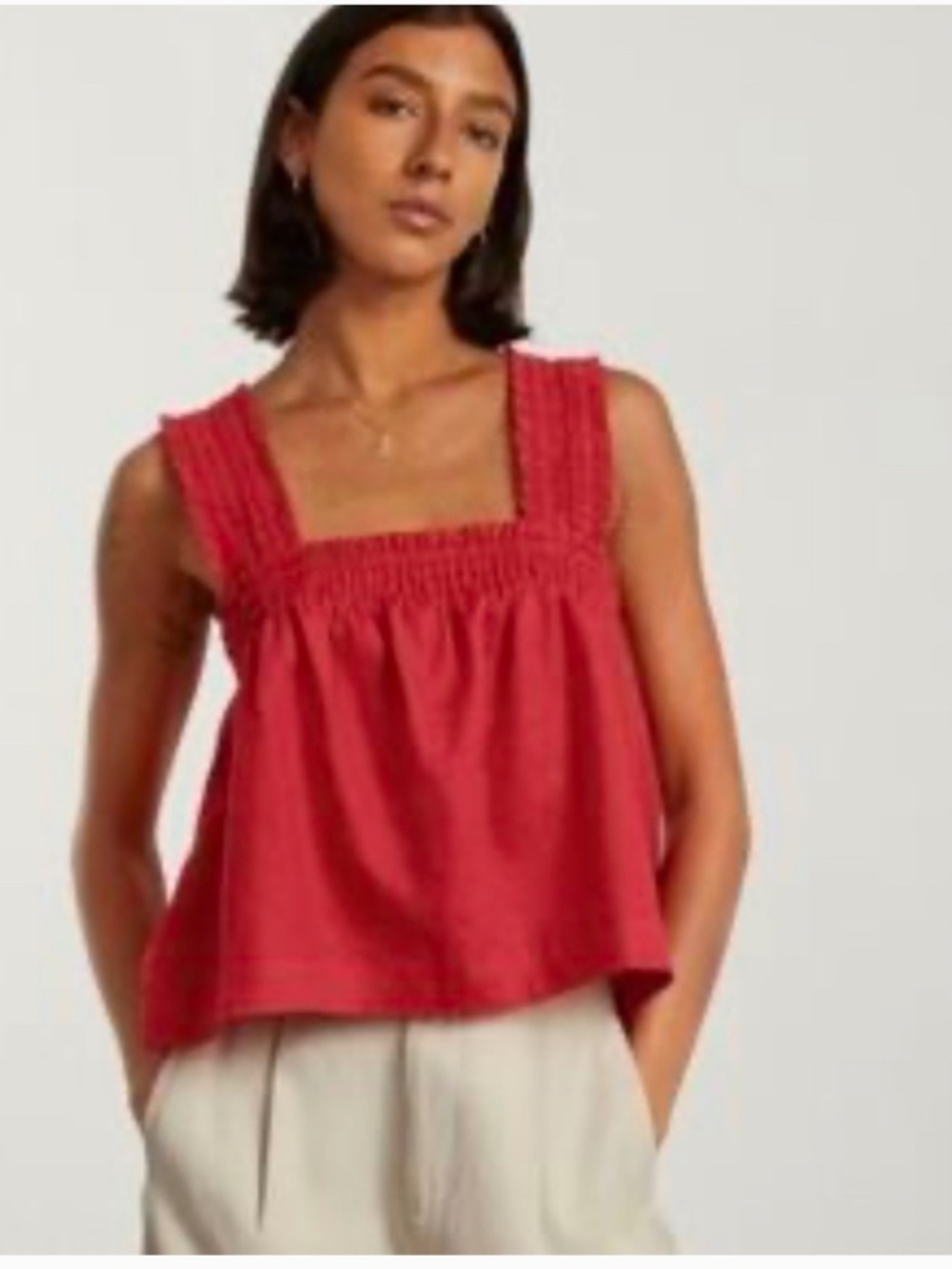 Everlane Women's Sz XXS Smocked Linen Cami Goji Berry Red Cropped Summer Tank